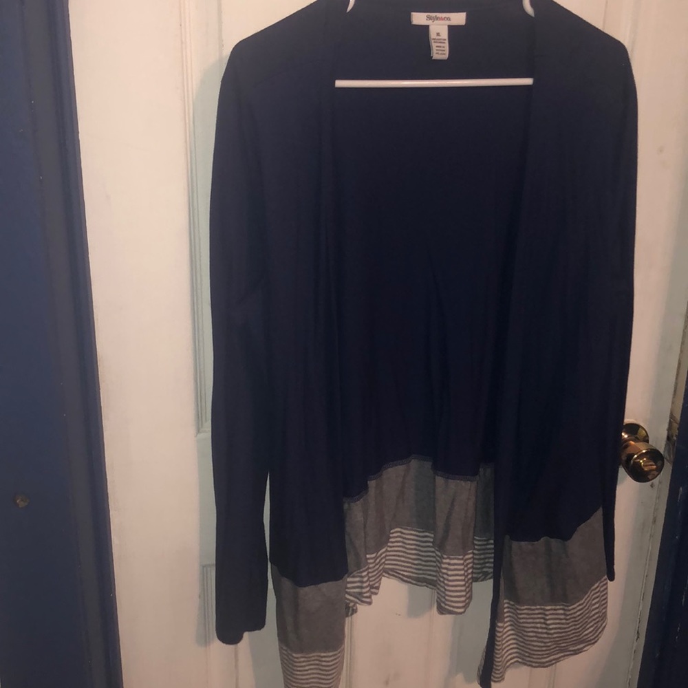 Rich Blue Cardigan. With a grey and white accent.